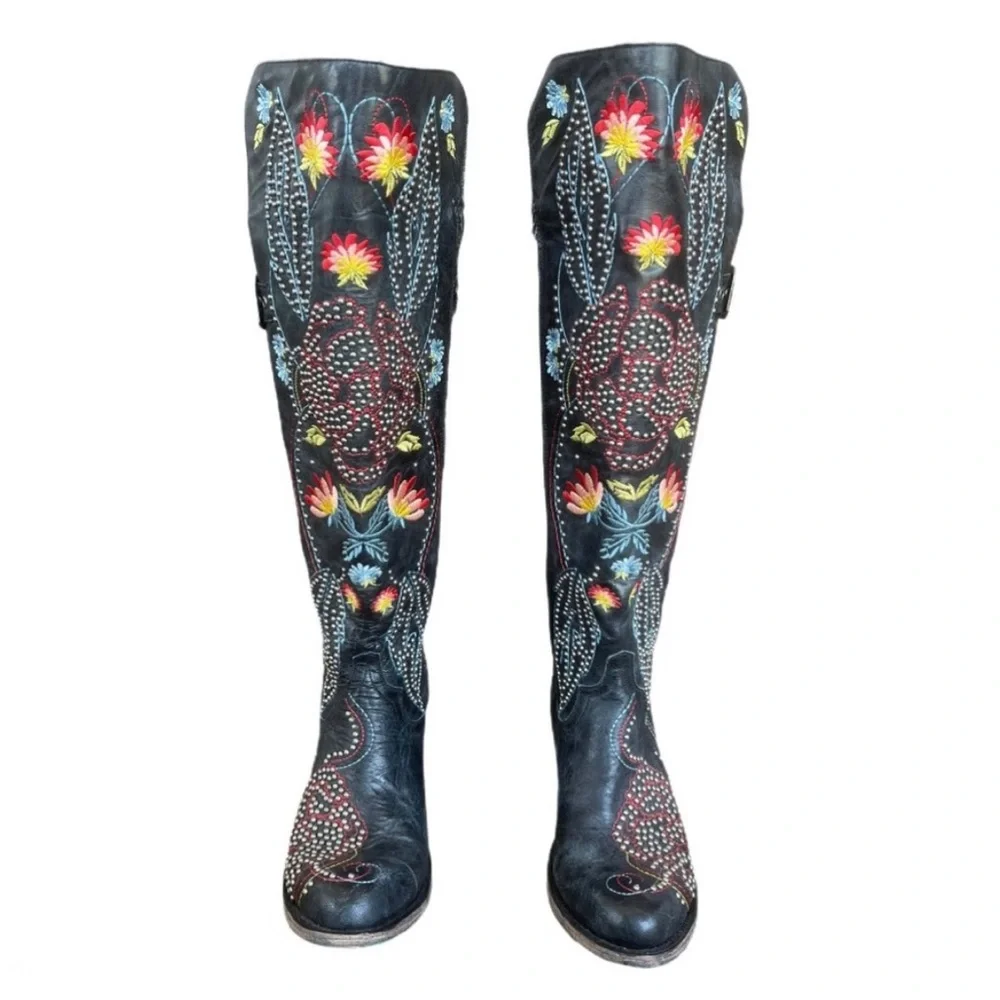 LANE Knee High Black Embroidered
Studded Boots - Picture 1 of 11
